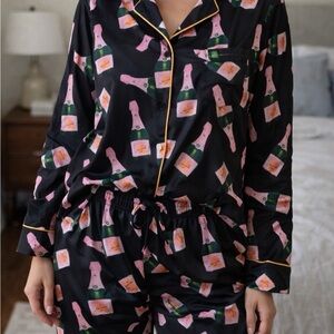 Elegant Black Pajama Set with Champagne Print
